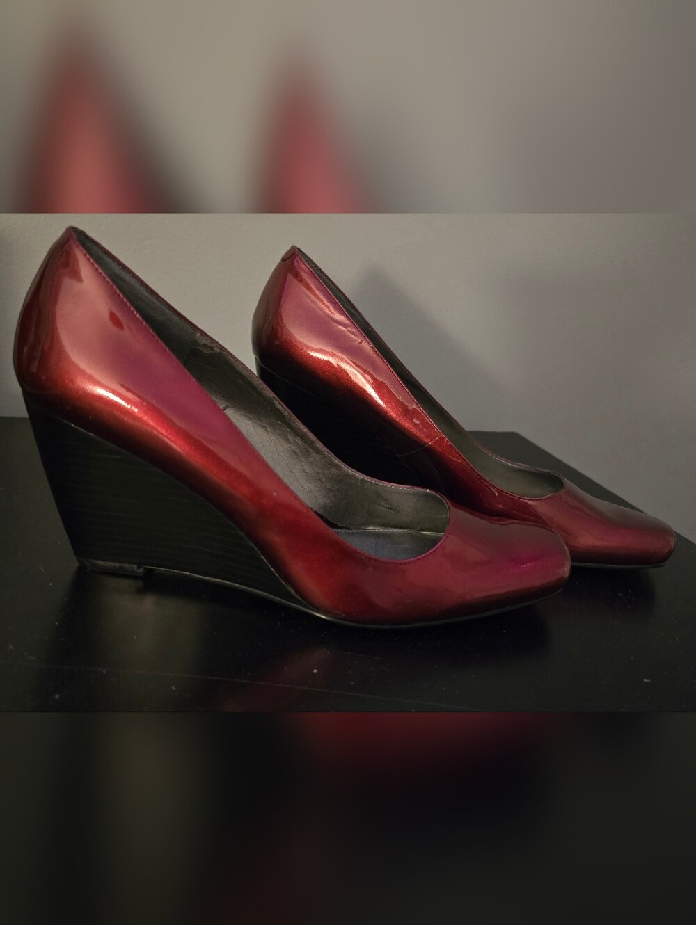 Anne Klein Deep Red Patent Wedge Pumps